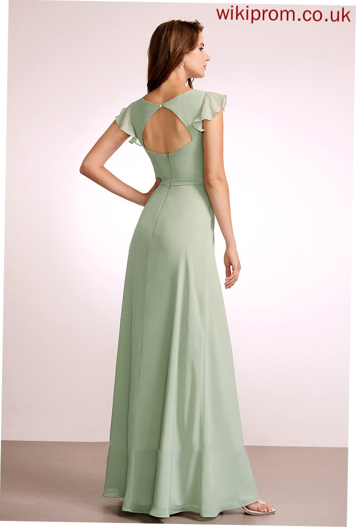 Embellishment V-neck Length SplitFront A-Line Floor-Length Silhouette Neckline Fabric Ariella Cap Sleeves Natural Waist Bridesmaid Dresses