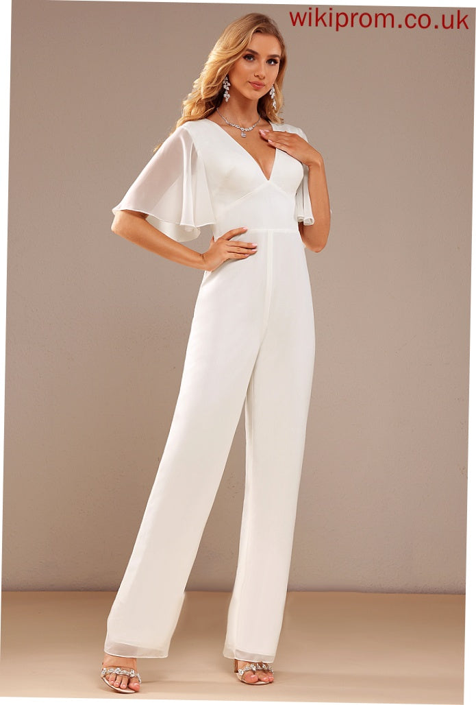 V-neck Wedding Sherlyn Jumpsuit/Pantsuit With Wedding Dresses Chiffon Ruffle Dress Floor-Length