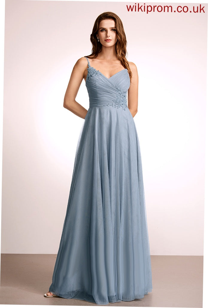 Straps&Sleeves Neckline Silhouette Floor-Length Tulle Fabric A-Line Lace V-neck Length Kaitlyn Bridesmaid Dresses