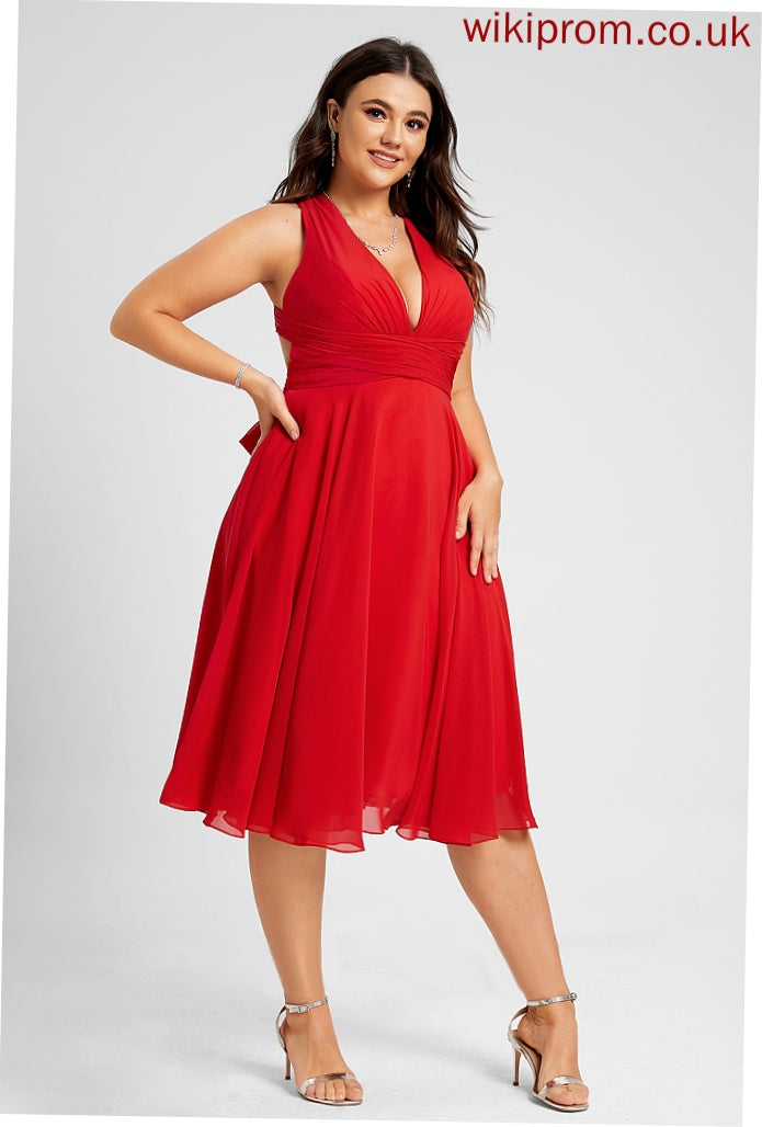 Ruffle Knee-Length V-neck Amirah Chiffon Cocktail Dress A-Line Cocktail Dresses With Bow(s)