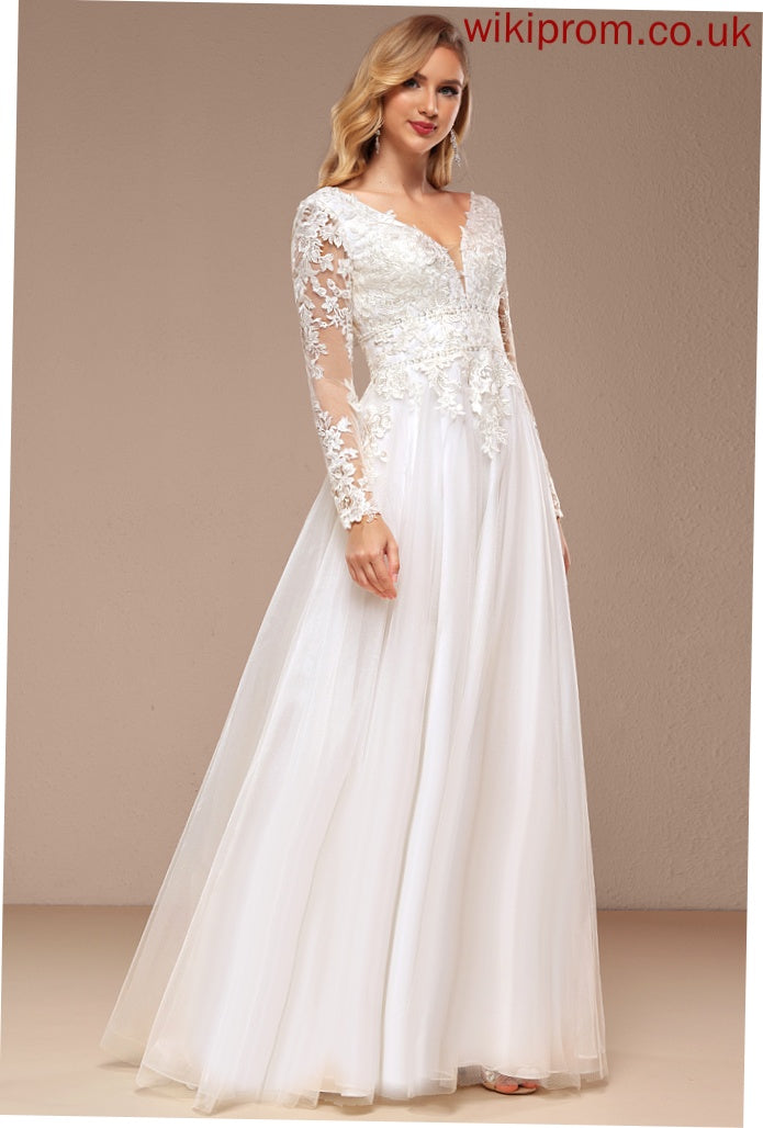 Tulle Sequins A-Line With Wedding Lily Floor-Length Wedding Dresses Beading V-neck Dress Lace