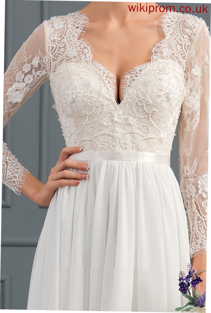 Chiffon Sweep A-Line Wedding Dresses Train V-neck Wedding Christine Sequins Beading Lace With Dress