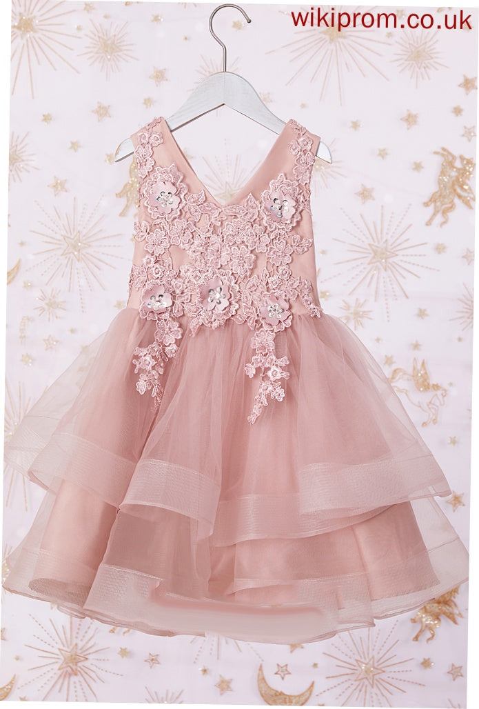 With Thelma Flower Girl - Beading/Flower(s)/Sequins Sleeveless Knee-length Tulle/Lace V-neck Dress A-Line Flower Girl Dresses