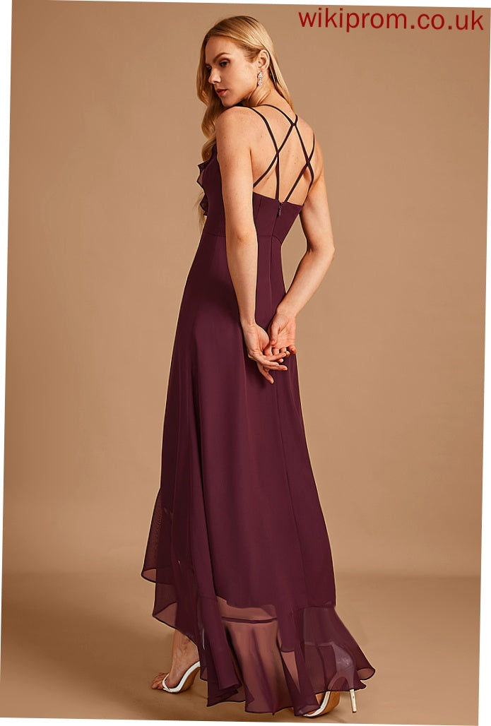 V-neck A-Line Embellishment Length Silhouette SplitFront Neckline Fabric Ruffle Asymmetrical Lorna Bridesmaid Dresses