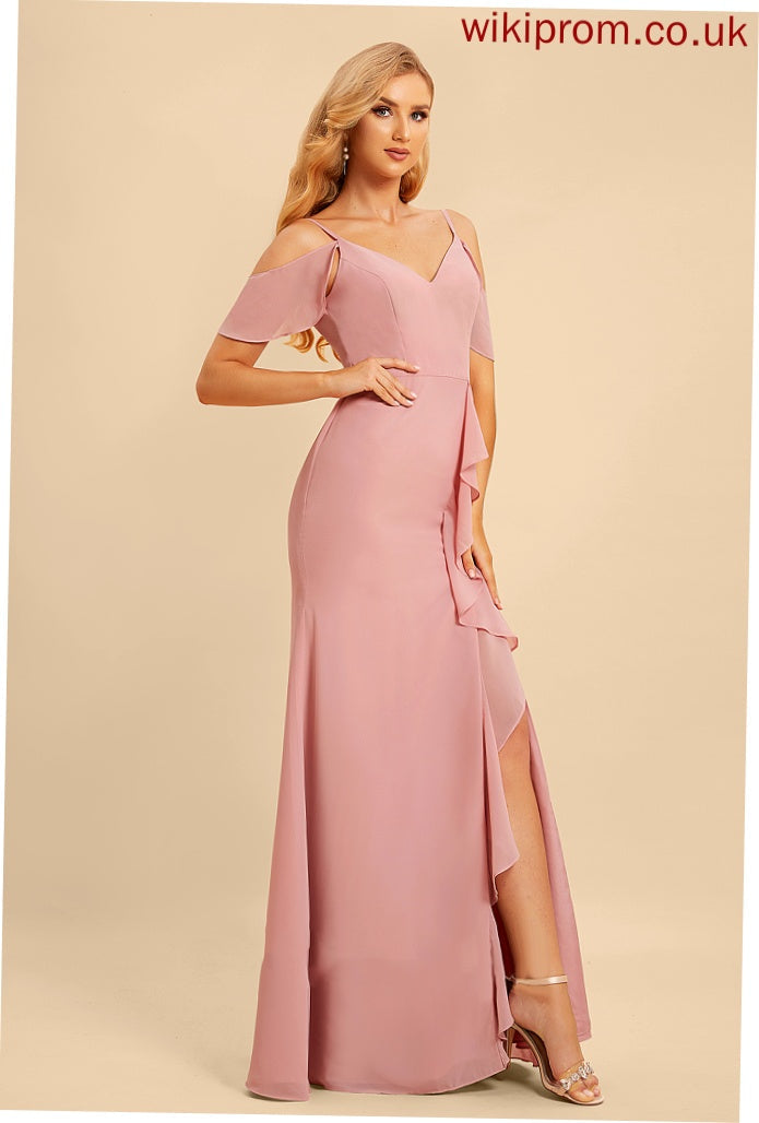 Embellishment Floor-Length Ruffle A-Line SplitFront Silhouette Fabric V-neck Length Neckline Paulina Trumpet/Mermaid Bridesmaid Dresses