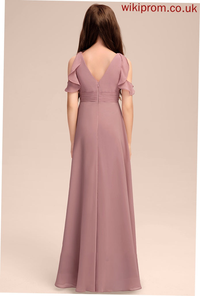 Ruffles Chiffon Floor-Length Junior Bridesmaid Dresses Kelly Cascading With V-neck A-Line