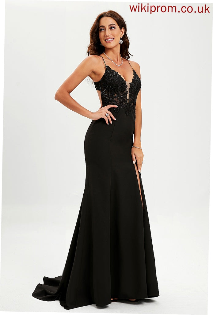 With Trumpet/Mermaid Crepe Stretch Lace V-neck Miranda Sweep Sequins Train Prom Dresses