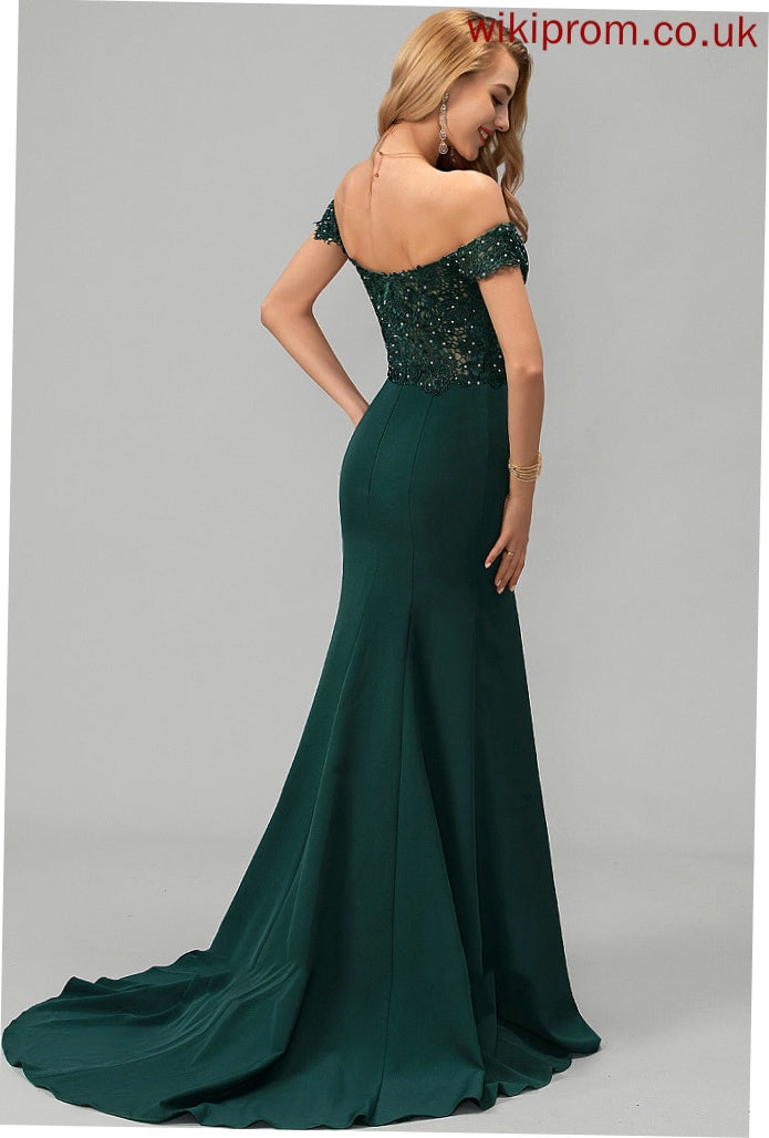 Trumpet/Mermaid Beading Lace Prom Dresses Train Crepe Sweep Sequins Melanie With Stretch Off-the-Shoulder