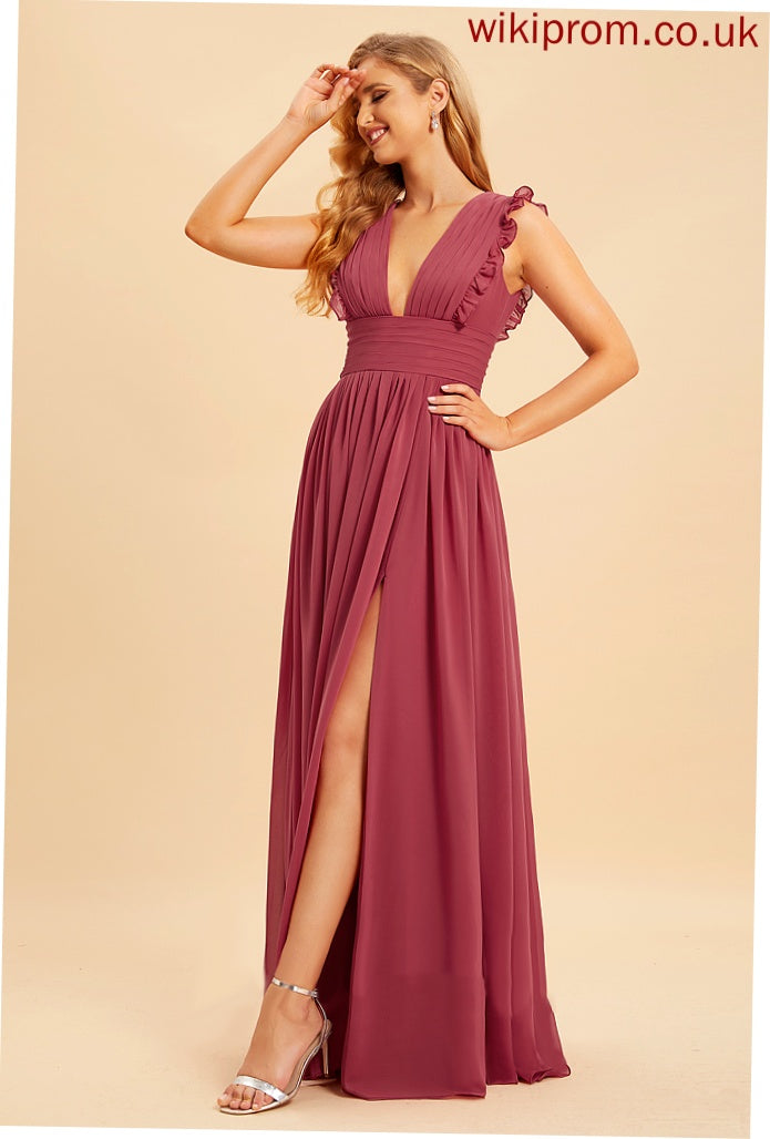 SplitFront V-neck Silhouette Length Neckline Ruffle Embellishment Fabric A-Line Floor-Length Edith Natural Waist Bridesmaid Dresses