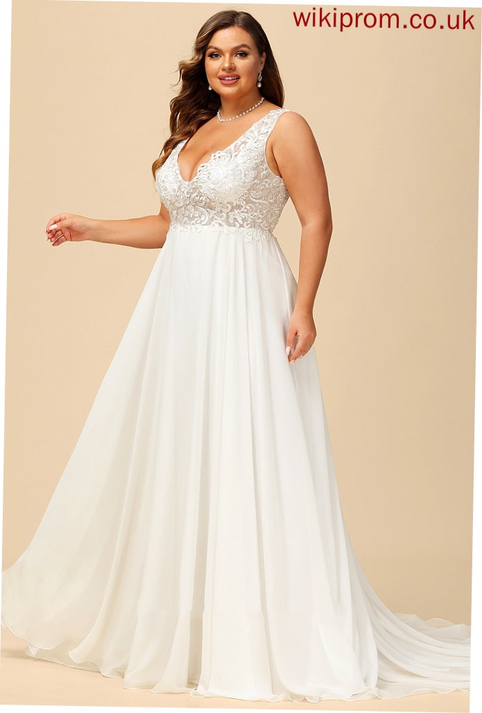 A-Line Emelia Chiffon Dress Court Wedding Dresses Train Wedding Lace V-neck