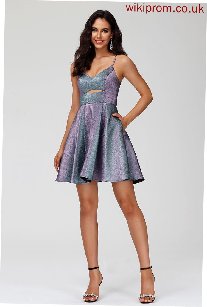 Angelica Short/Mini V-neck Satin With Dress Homecoming A-Line Homecoming Dresses Pockets