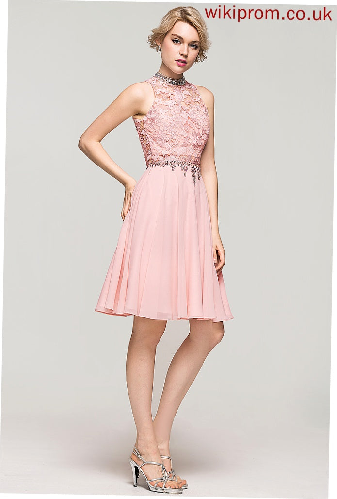 A-Line Homecoming With Sequins Chiffon Neck Dress Knee-Length Kelly Lace Homecoming Dresses Beading High