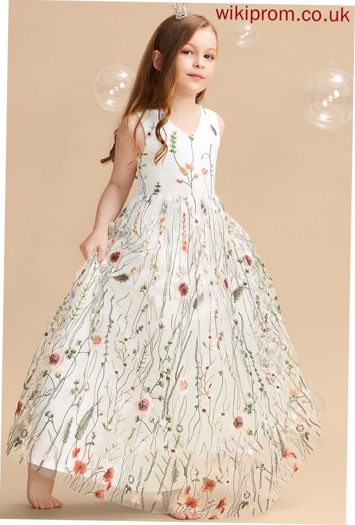 With - Girl V-neck Jacquard Flower Girl Dresses Phoenix Flower(s)/Bow(s) A-Line Flower Floor-length Dress Sleeveless