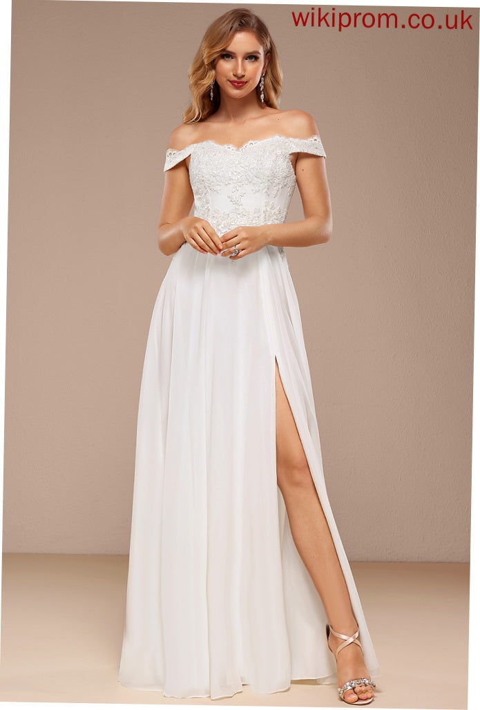 A-Line Floor-Length Lace Wedding Dresses Makena With Wedding Chiffon Dress Off-the-Shoulder Sequins