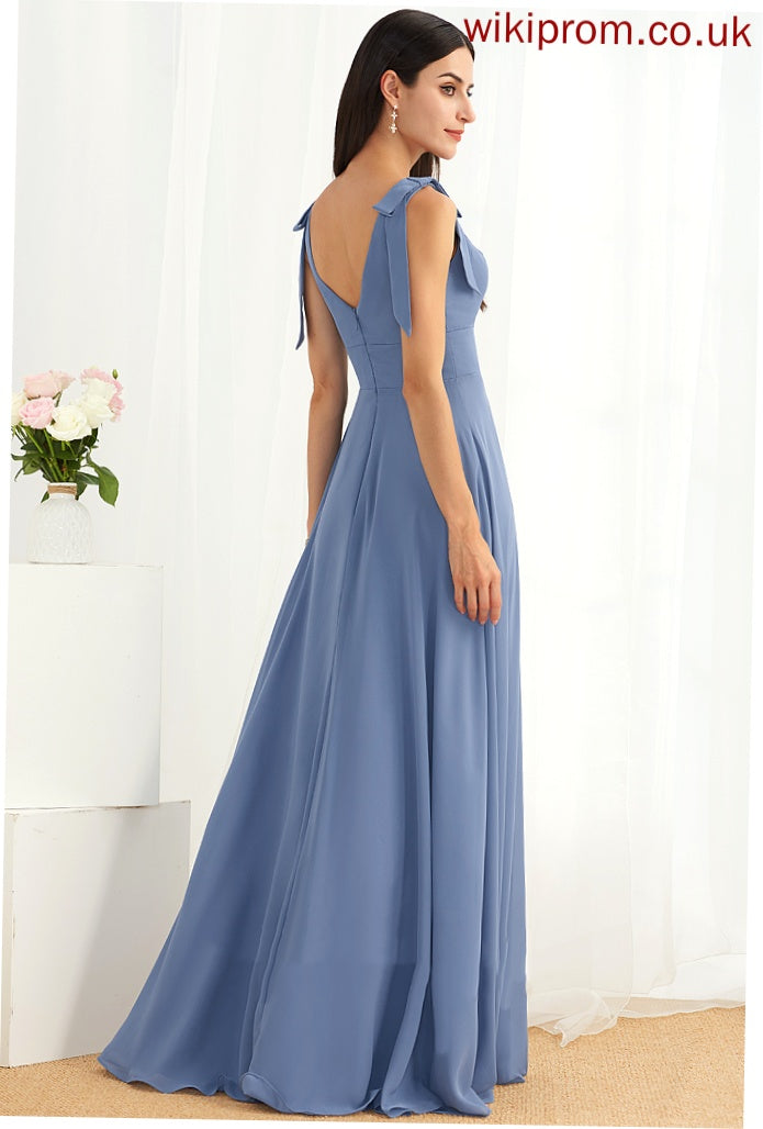 Floor-Length SplitFront A-Line Bow(s) Fabric Length Neckline Silhouette V-neck Embellishment Shayla Sleeveless Bridesmaid Dresses