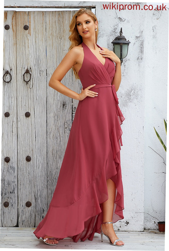 Neckline Fabric Asymmetrical Silhouette A-Line Embellishment Ruffle Length Halter Hana Floor Length Sleeveless Bridesmaid Dresses