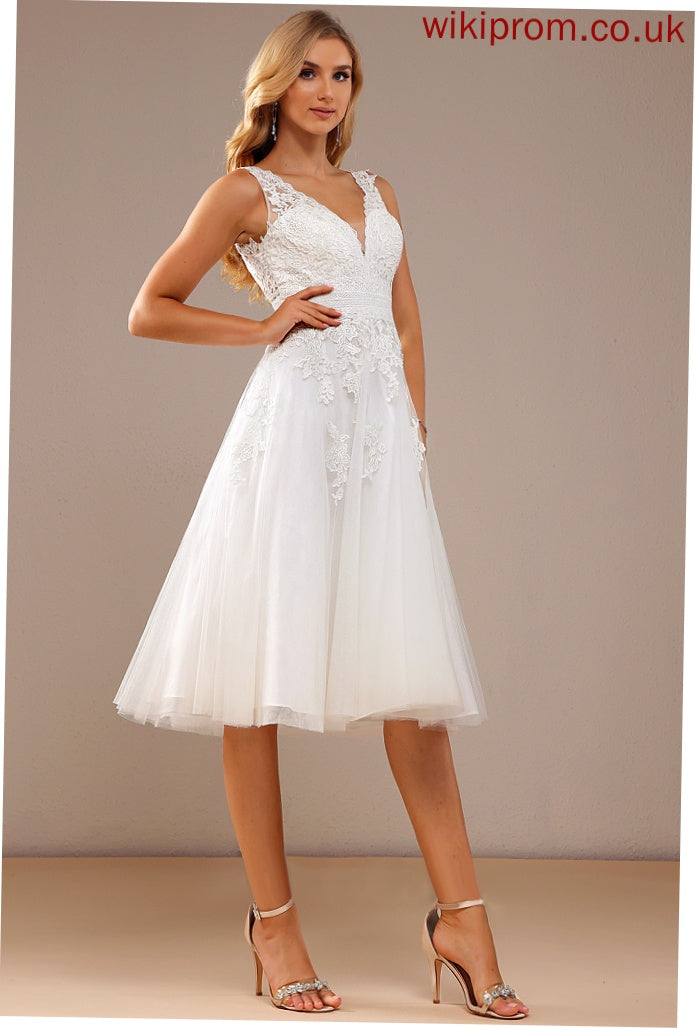 Knee-Length V-neck Wedding Wedding Dresses A-Line Lace Dress Brianna Tulle