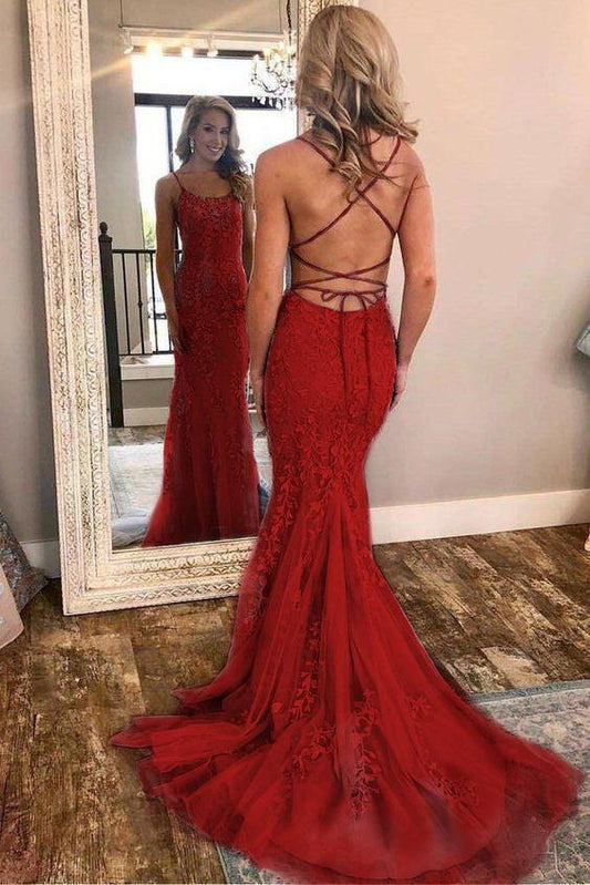 Mermaid Red Lace Spaghetti Straps Scoop Prom Dresses Long Cheap Evening SWK12820