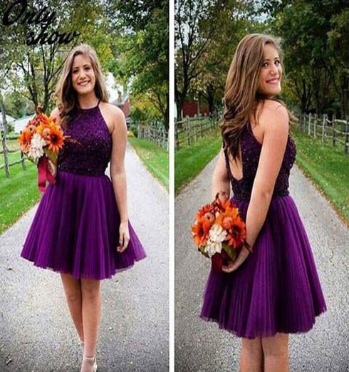 Purple Short Halter Neck Backless Beads Tulle Juniors Mini Sweet 16 Homecoming Dress WK433