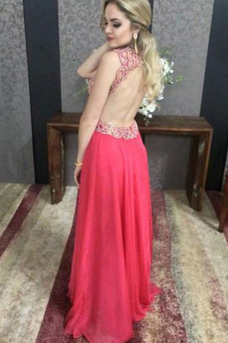 Chiffon V Neck Beaded Bodice Open Back A Line Prom Dresses