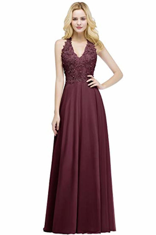 Lace Chiffon Prom Dresses Beading Applique A Line V Neck Evening Dresses