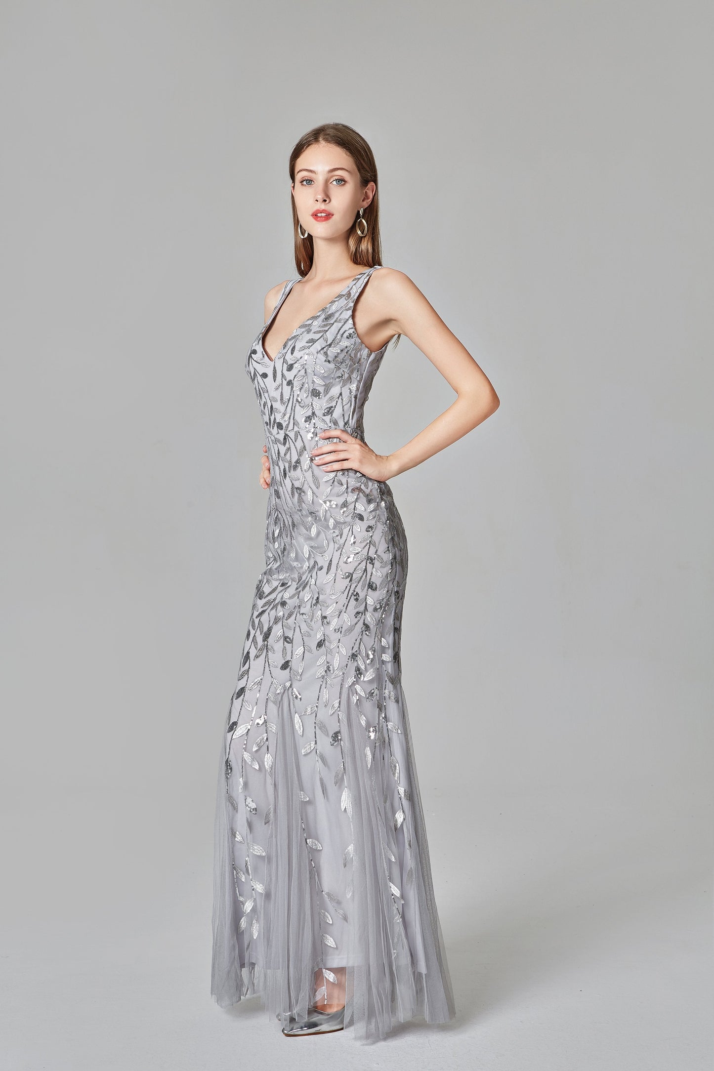 Sexy V Neck Silver Mermaid Prom Dresses, Embroidered Sequins Long Evening Dresses SWK15368