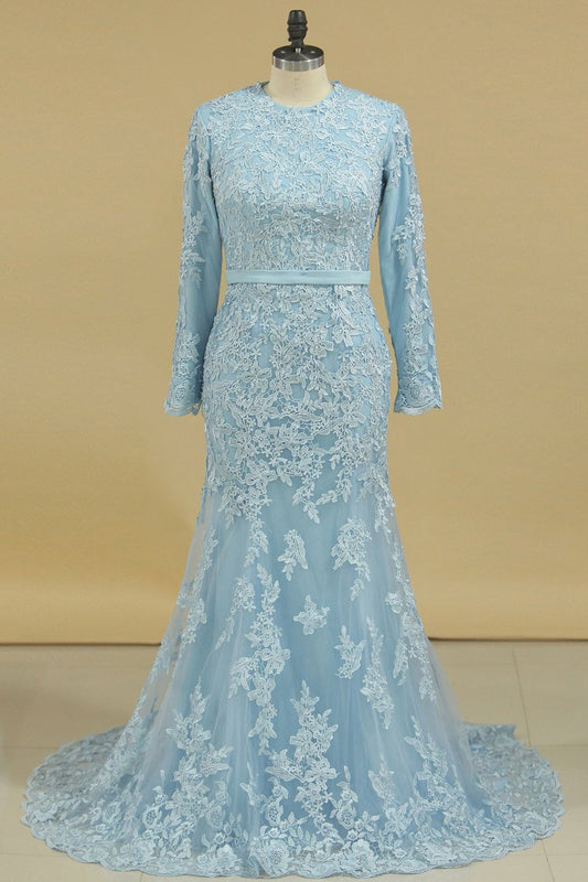 Hot Muslim Prom Dresses Mermaid/Trumpet With Applique & Sash Long Sleeves