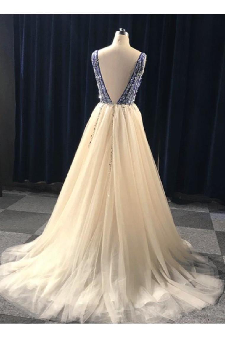 Champagne And Blue Long V-Neck Beading Backless Prom Dresses