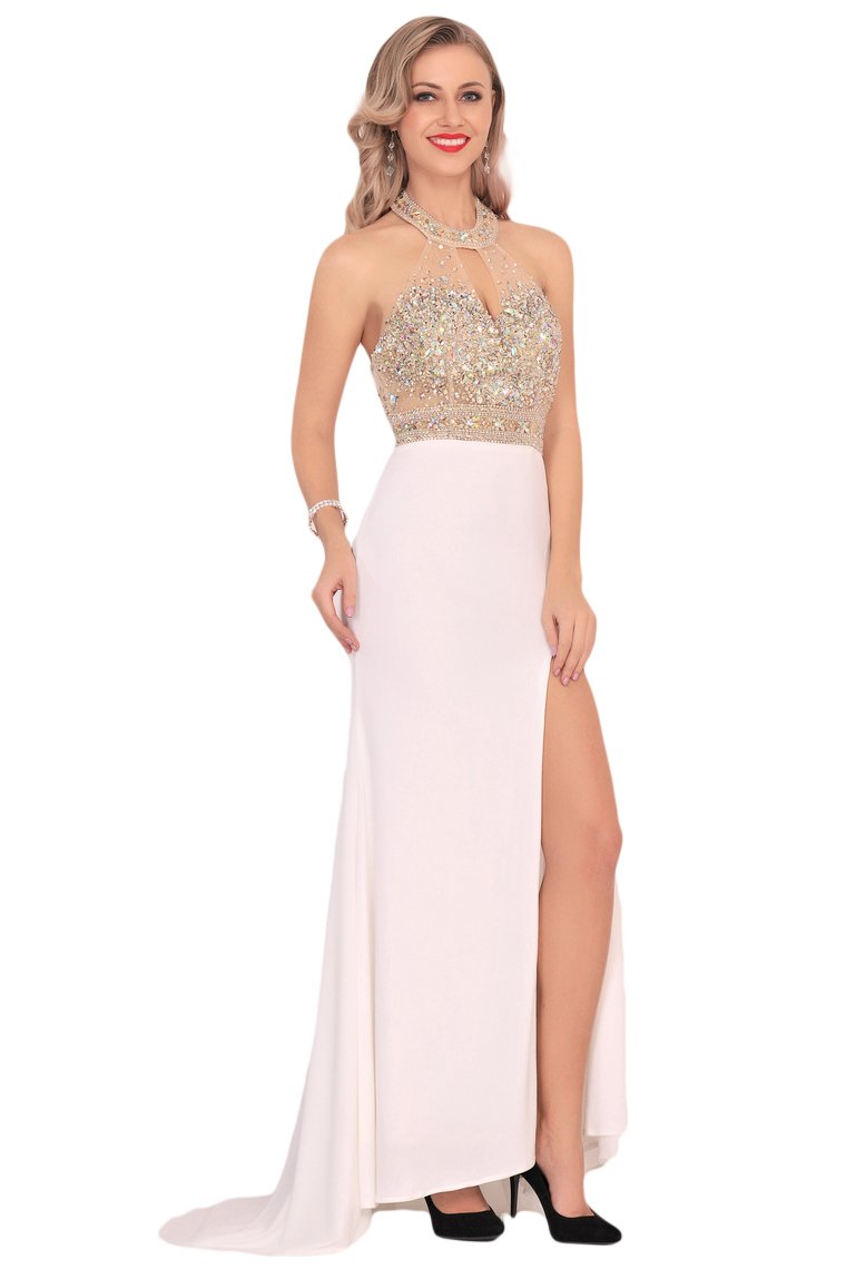 Spandex Halter Beaded Bodice Mermaid Sweep Train Prom Dresses With Slit