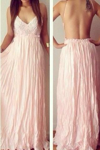 Sexy Backless V-Neck Spaghetti Straps Lace Prom Dresses Chiffon Blush Pink Prom Dresses WK799