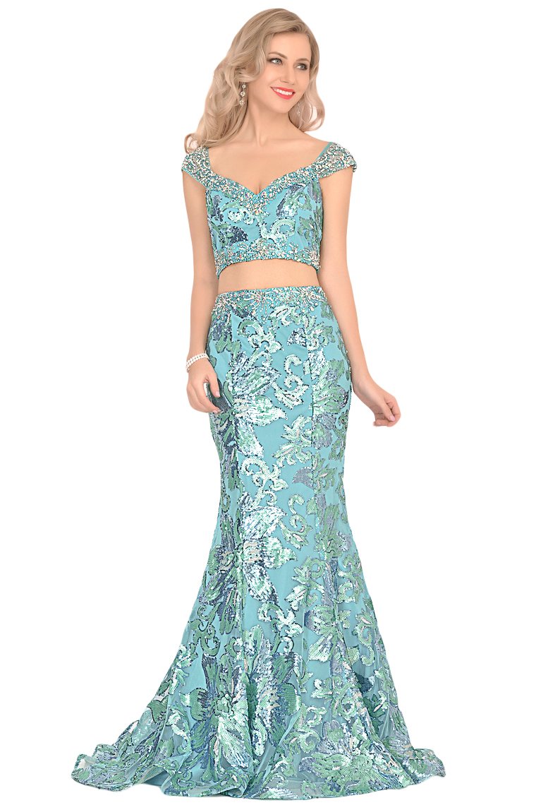 Mermaid Cap Sleeves Tulle Prom Dresses With Beads&Sequins Sweep Train