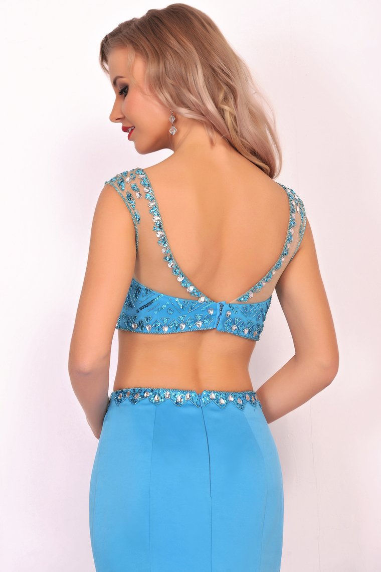 Two-Piece Scoop Prom Dresses Mermaid Satin With Beading