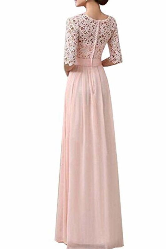 Lace Splice Chiffon Half Sleeve Floor Length Formal Bridesmaid Dresses