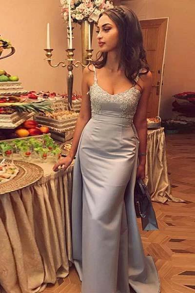 Mermaid Gray Spaghetti Straps Sweetheart Satin Detachable Prom Dresses with SWK12754