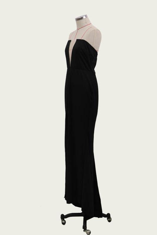 Sexy Black Mermaid V Neck Strapless Prom Dresses with Slit, Evening SWK20435