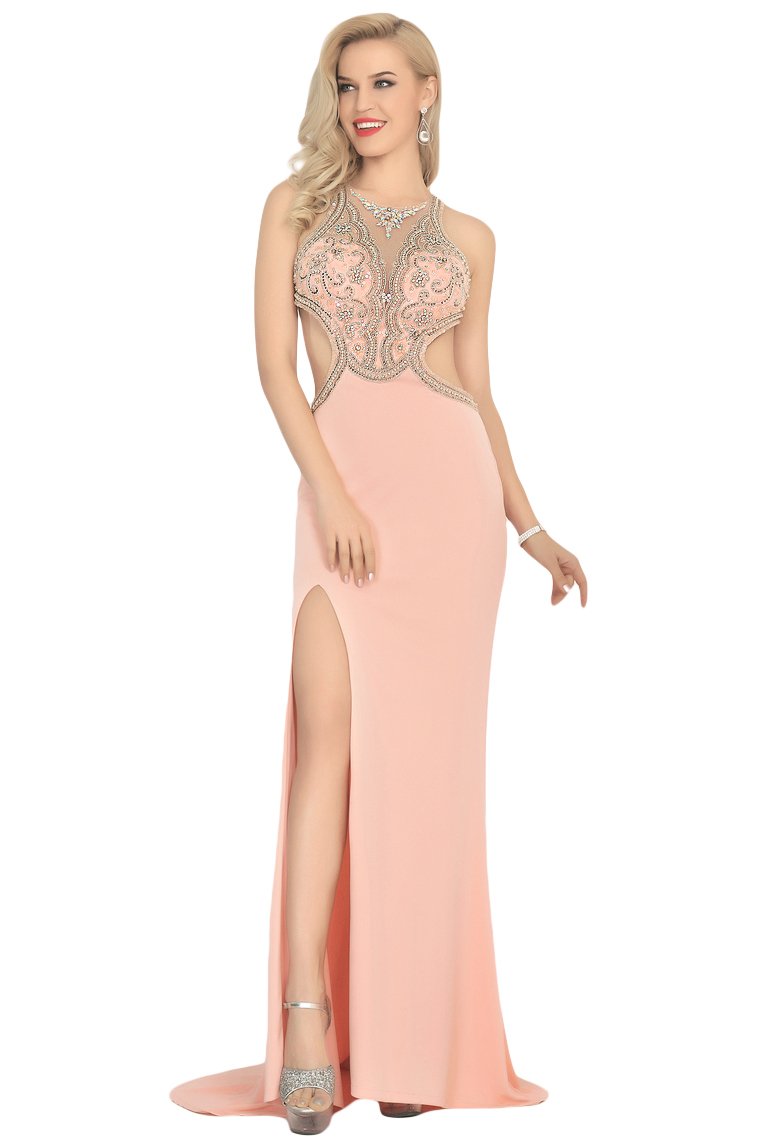 Sexy Open Back Scoop Prom Dresses Mermaid With Beads Spandex