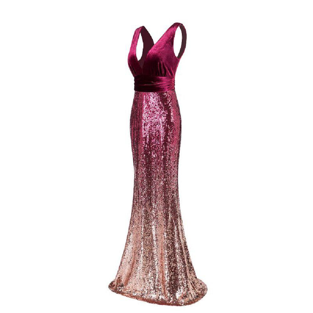 Sexy Sequins Mermaid V Neck Burgundy Velvet Long Prom Dresses Backless Evening Dress SWK15352