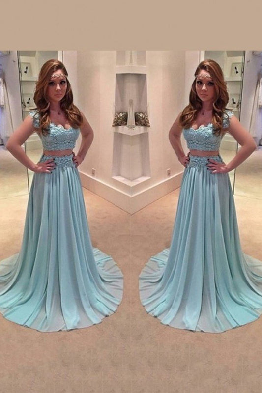 Elegant Two-Piece Prom Dresses A Line Chiffon Sweep Train