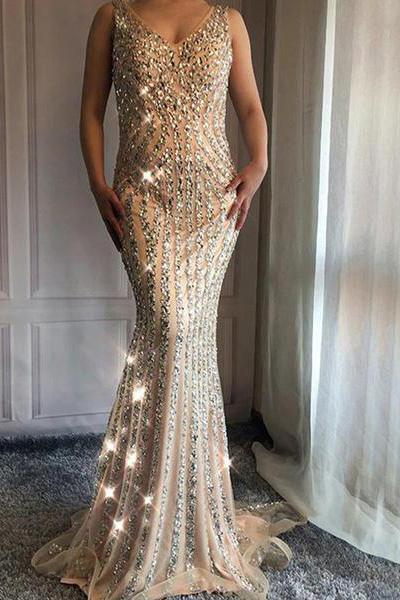 V Neck Long Mermaid Rhinestone Beaded Luxury Prom Dresses Backless Party SWK14399