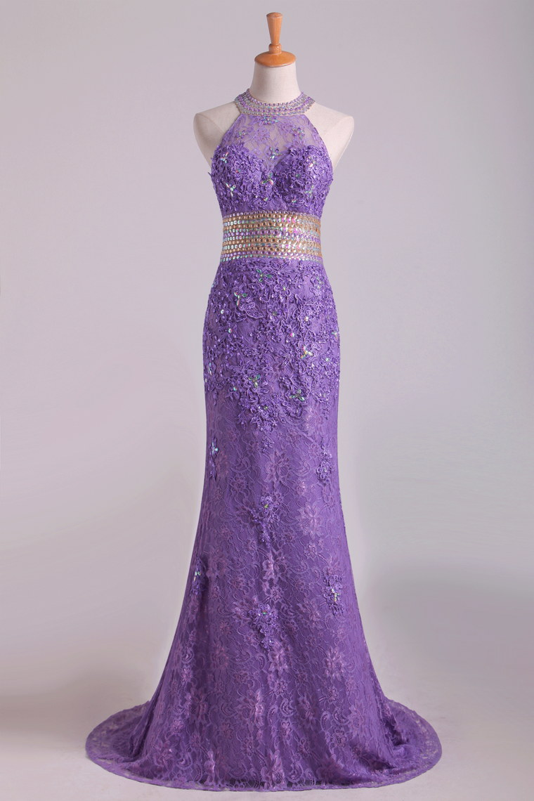 Popular Mermaid High Neck Prom Dresses Lace With Beads Sweep Train Purple