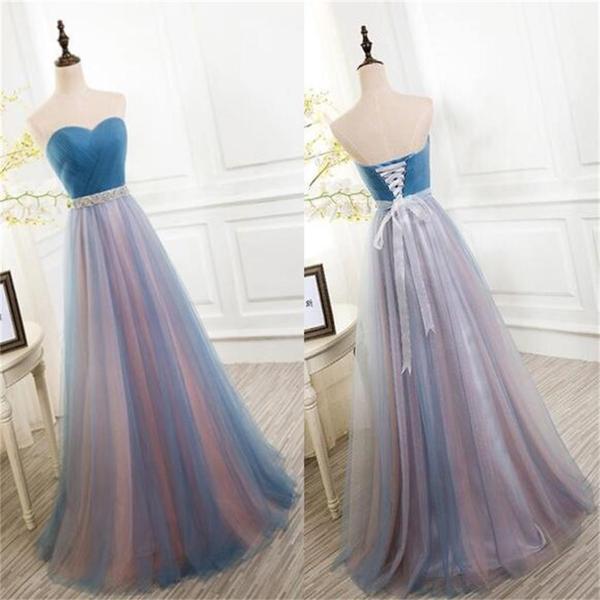 Elegant Tulle Long Vintage Sleeveless Sweetheart Strapless Blue Lace-up Prom Dresses WK778