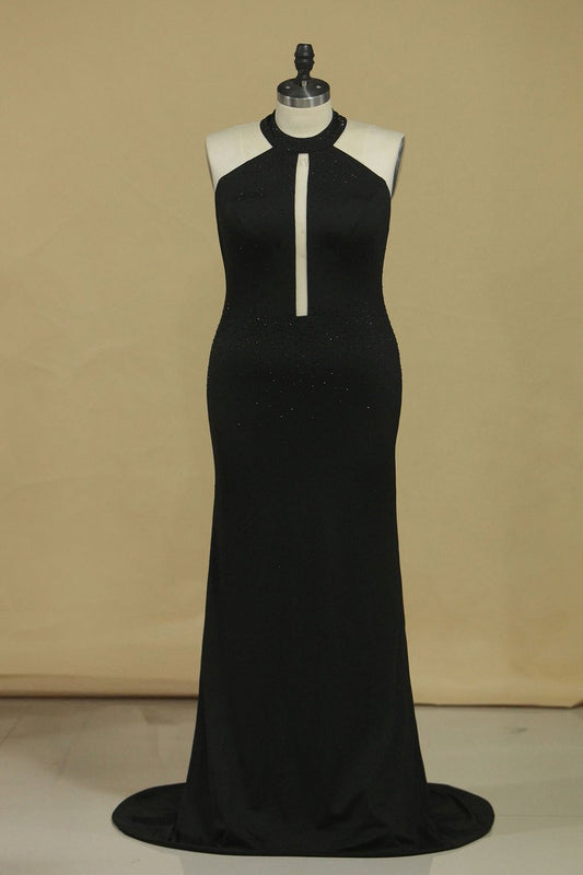 New Arrival Black Halter Prom Dresses Mermaid With Beading Black Spandex