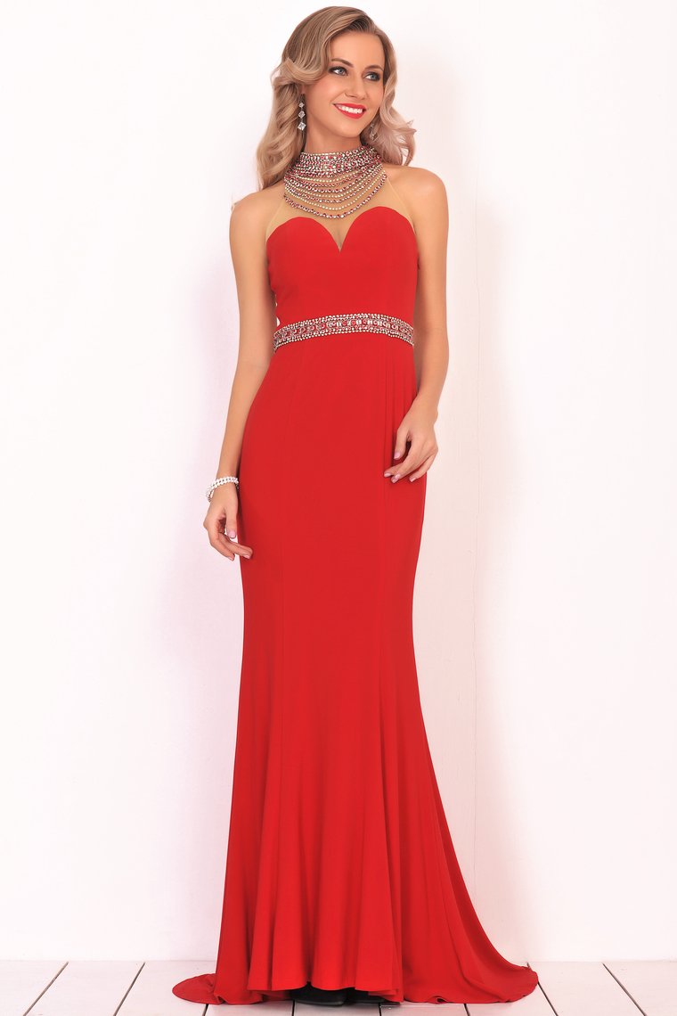 Prom Dresses Mermaid High Neck Spandex With Beading Sweep Train