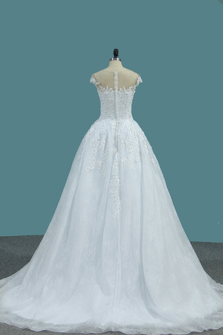 Tulle Scoop A Line Wedding Dresses With Applique And Beads Court Train