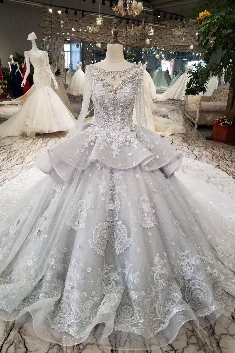 Silver Wedding Dresses Ball Gown Long Sleeves Royal Train Top Quality Lace With Applique & Beading