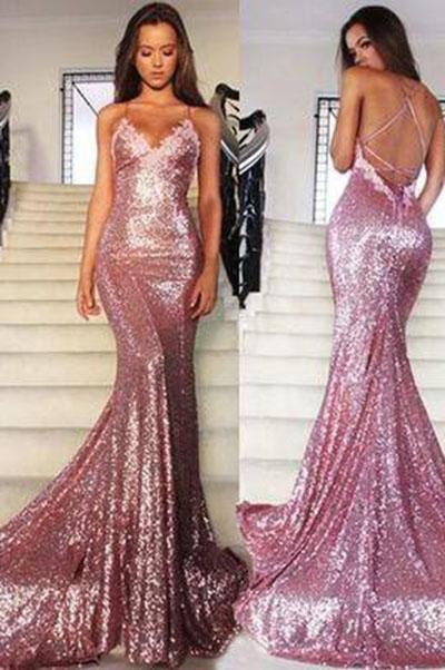 Rose Gold Sequin Mermaid Long Spaghetti Strap Sexy Backless Dresses For Prom WK133