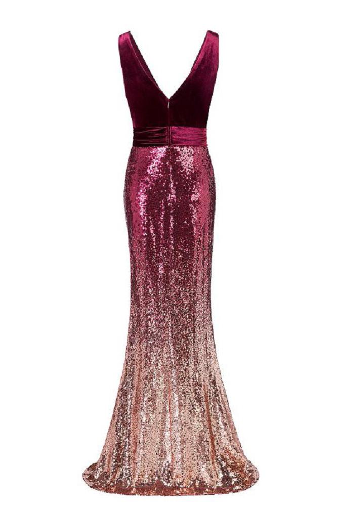 Sexy Sequins Mermaid V Neck Burgundy Velvet Long Prom Dresses Backless Evening Dress SWK15352