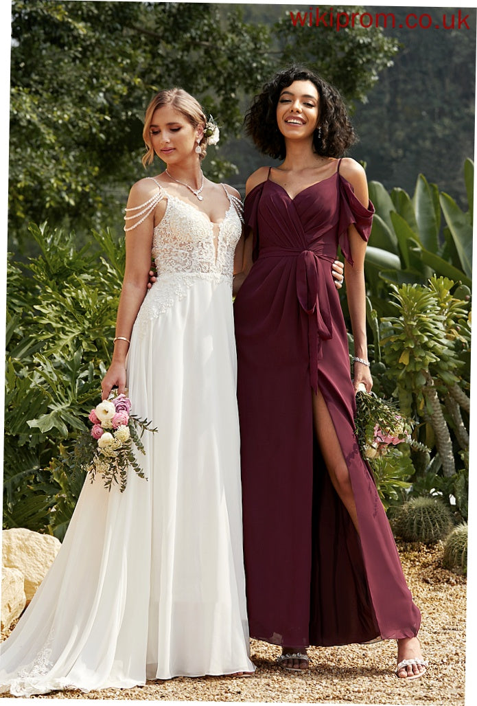 A-Line Floor-Length V-neck Chiffon Ruffle Mollie With Prom Dresses