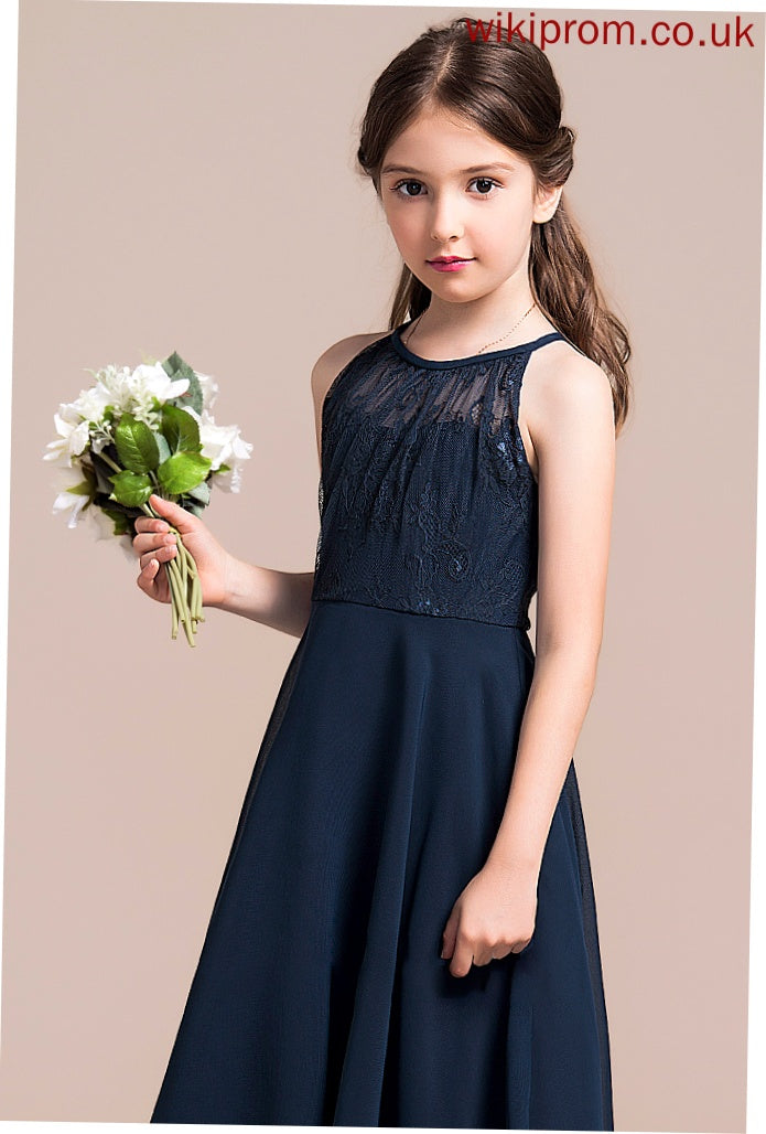 Chiffon With Ruffle A-Line Lace Neck Junior Bridesmaid Dresses Tea-Length Daniella Scoop