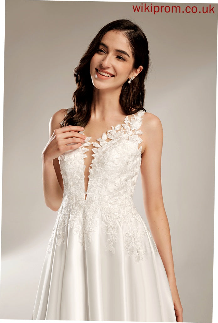 Wedding Lace Elianna Wedding Dresses Satin Dress V-neck Tea-Length A-Line